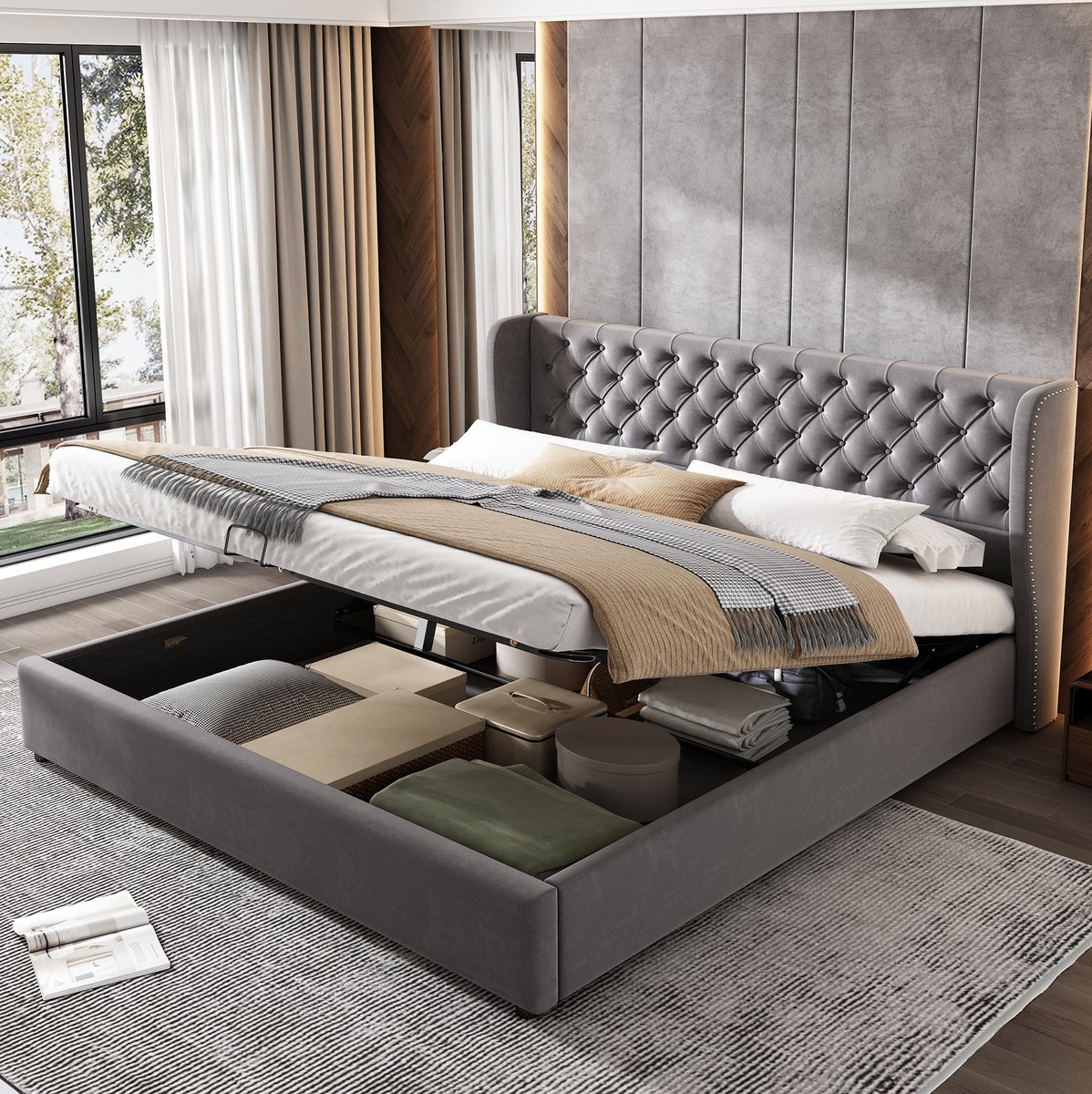 MEUNIQ tweepersoons bed 160 x 200 cm met opbergruimte, grijs fluwelen bedframe met lattenbodem, hydraulische opbergbak en hoog hoofdbord voor de slaapkamer