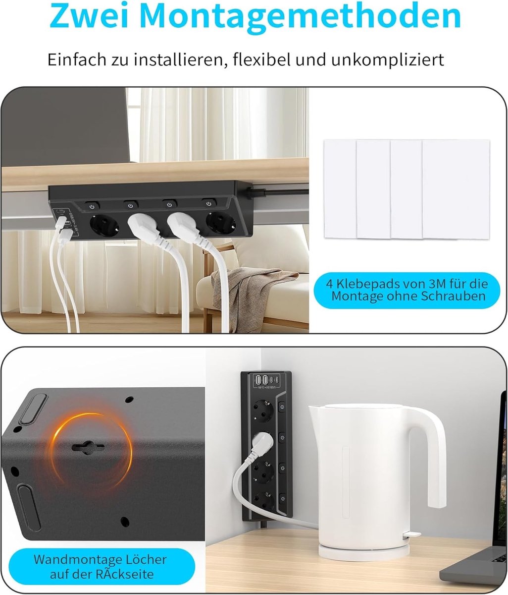 Stekkerdoos met USB - Zwart - 4-voudig stopcontact - 2 m kabel - Voor Thuis en Kantoor