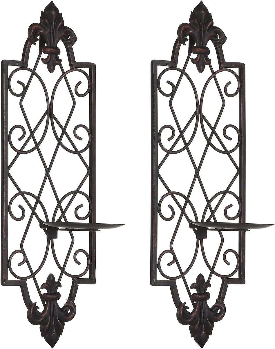 Wandkandelaars Set - Kaarsen Houders - Sfeerverlichting Creëren - Fleur De Lis Design - 40 cm Hoog - Brons