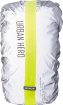 Sac argenté avec bande jaune et texte "URBAN HERO" et "WOWOW".