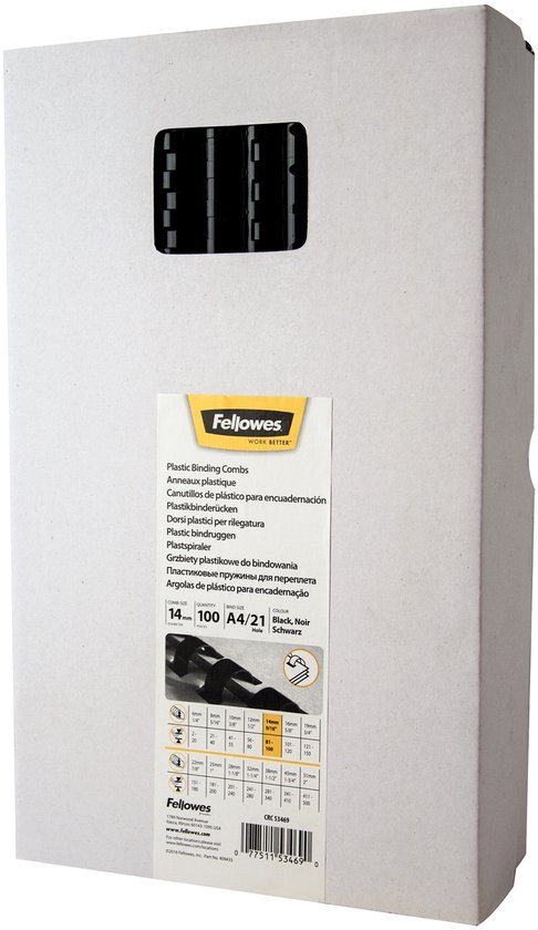 Doos met zwarte plastic bindruggen van 14 mm, met een capaciteit voor 100 vel. Afmeting A4/21.