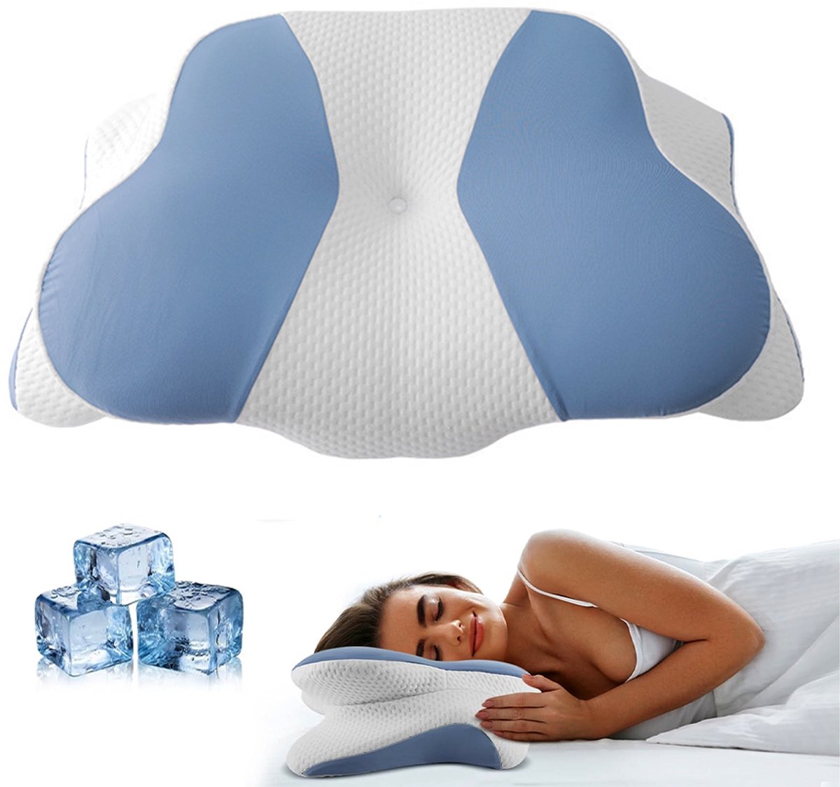 Traagschuimkussen in kikkervorm - Neksteunkussen van traagschuim - Kussen in de vorm van de nekwervels - Langzame terugvering - Ademend en comfortabel - Ergonomisch orthopedisch kussen van traagschuim – Verlicht nek- en rugpijn - Wit en blauw