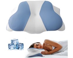 Traagschuimkussen in kikkervorm - Neksteunkussen van traagschuim - Kussen in de vorm van de nekwervels - Langzame terugvering - Ademend en comfortabel - Ergonomisch orthopedisch kussen van traagschuim – Verlicht nek- en rugpijn - Wit en blauw