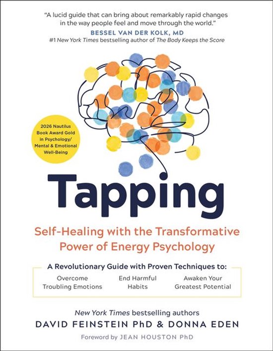 Boek 'Tapping: Self-Healing with the Transformative Power of Energy Psychology' met een illustratie van een brein, bestaande uit gekleurde cirkels.