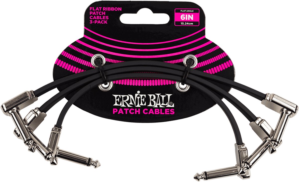 Ernie Ball Flat Ribbon - Patchkabel - Haaks naar Haaks - 15cm - Zwart - Metalen Behuizing - Pedalboard - 3-Pack