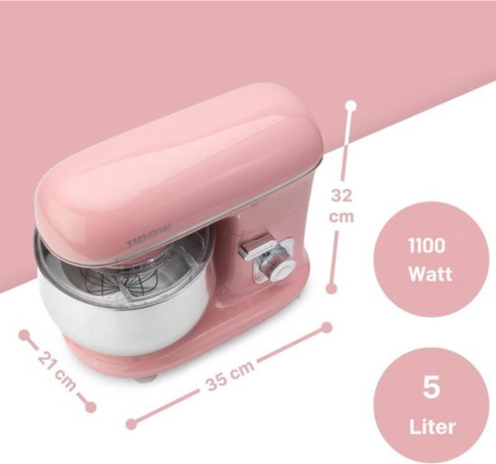 Thuys - Keukenmachine Roze - 1100W - 5 Liter RVS Kom - Spatbescherming - voor Kneden - Mixen en Bakken Thuis van Thuys — afbeelding 2