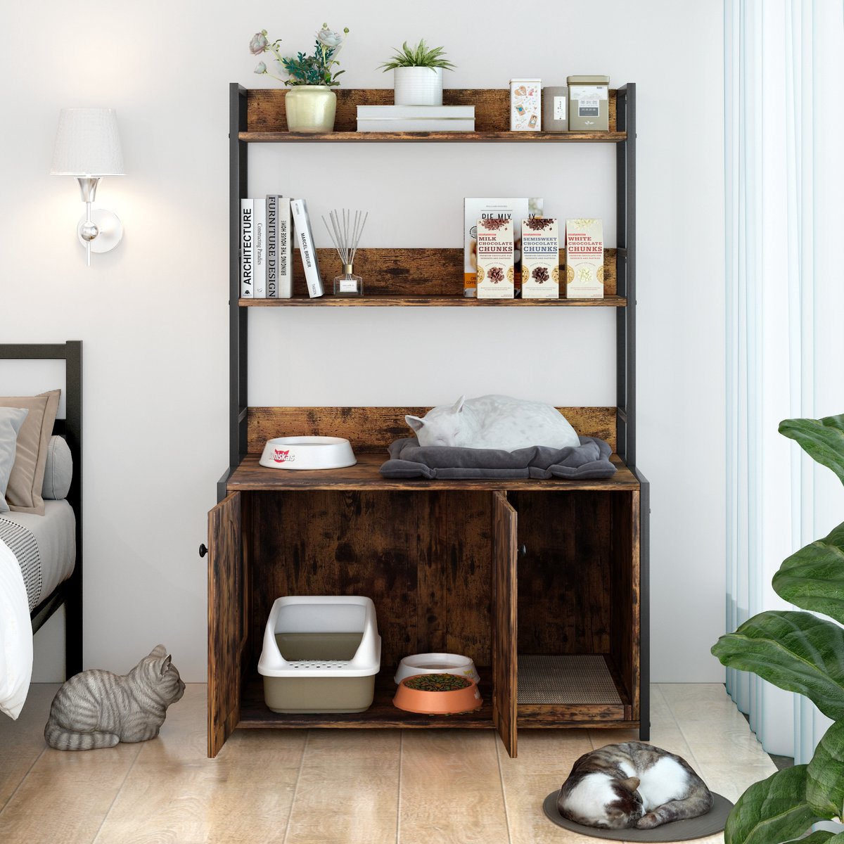 Kattenbakcontainer Met Opbergplank En 2 Deuren – Houtlook Bruin – Metaal En MDF – Voor Binnengebruik En Geurcontrole Met Krabpad