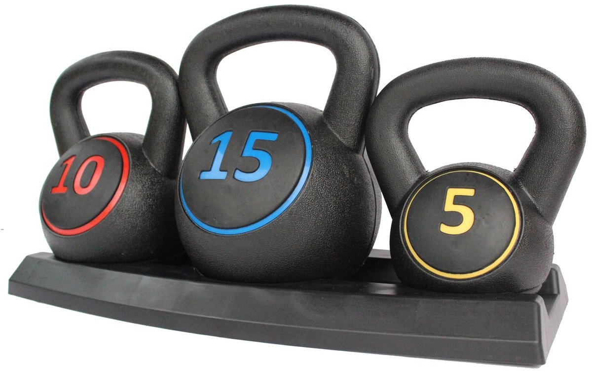 SnelShoppen - 3-delige Kettlebell-gewichtenset voor crosstraining en MMA-training - 2,2 kg, 4,5 kg en 15 lbs - Zwart met standaard voor thuisoefeninge