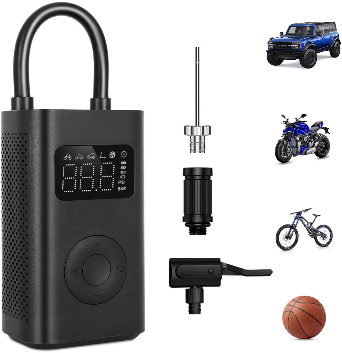 SnelShoppen - Draagbare Air Pump 2D - Mini Luchtcompressor tot 150 psi - 6 Opblaasmodi - 2000 mAh Accu - LCD-Display - Druksensor voor Auto en Motorfi