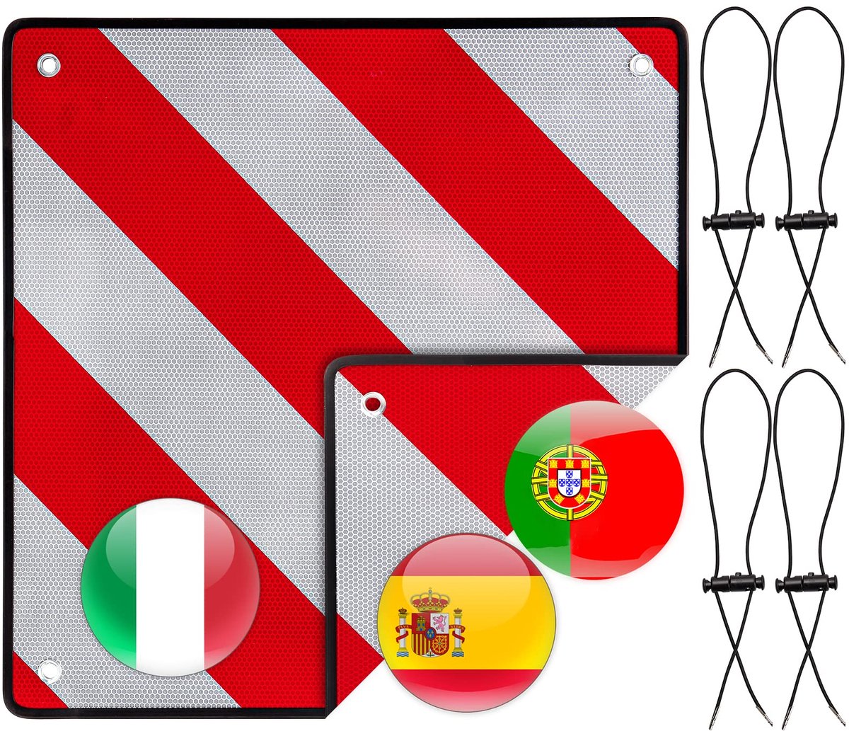 SnelShoppen - Waarschuwingsbord Italië en Spanje met 4 Spankabels 50x50 cm - Reflecterend Aluminium Rood Wit voor Fietsendrager, Aanhanger, Caravan, A