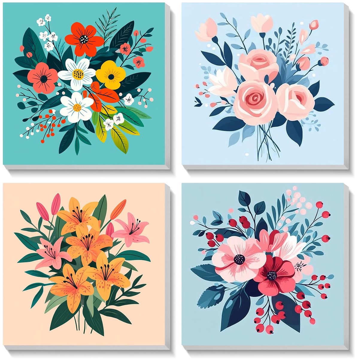 Dailygoods- Schilderen op Nummer - Set van 4 Bloemen - Ingelijste Schilder-op-Nummersets - Acryl Nummerschilderij - Decoratie voor Kamers - 20 x 20 cm - Kunstset