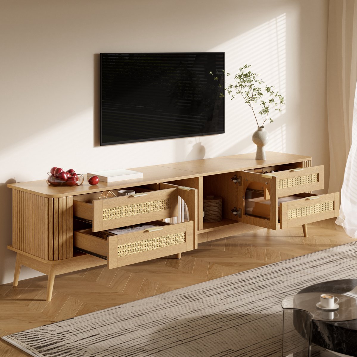 REDOM - TV meubel - Symmetrische opbouw met 4 lades en 2 deuren - LED-verlichting met app-bediening - Spaanplaat en veiligheidsglas - Woonkamer - Naturel - 180 x 40 x 50 cm