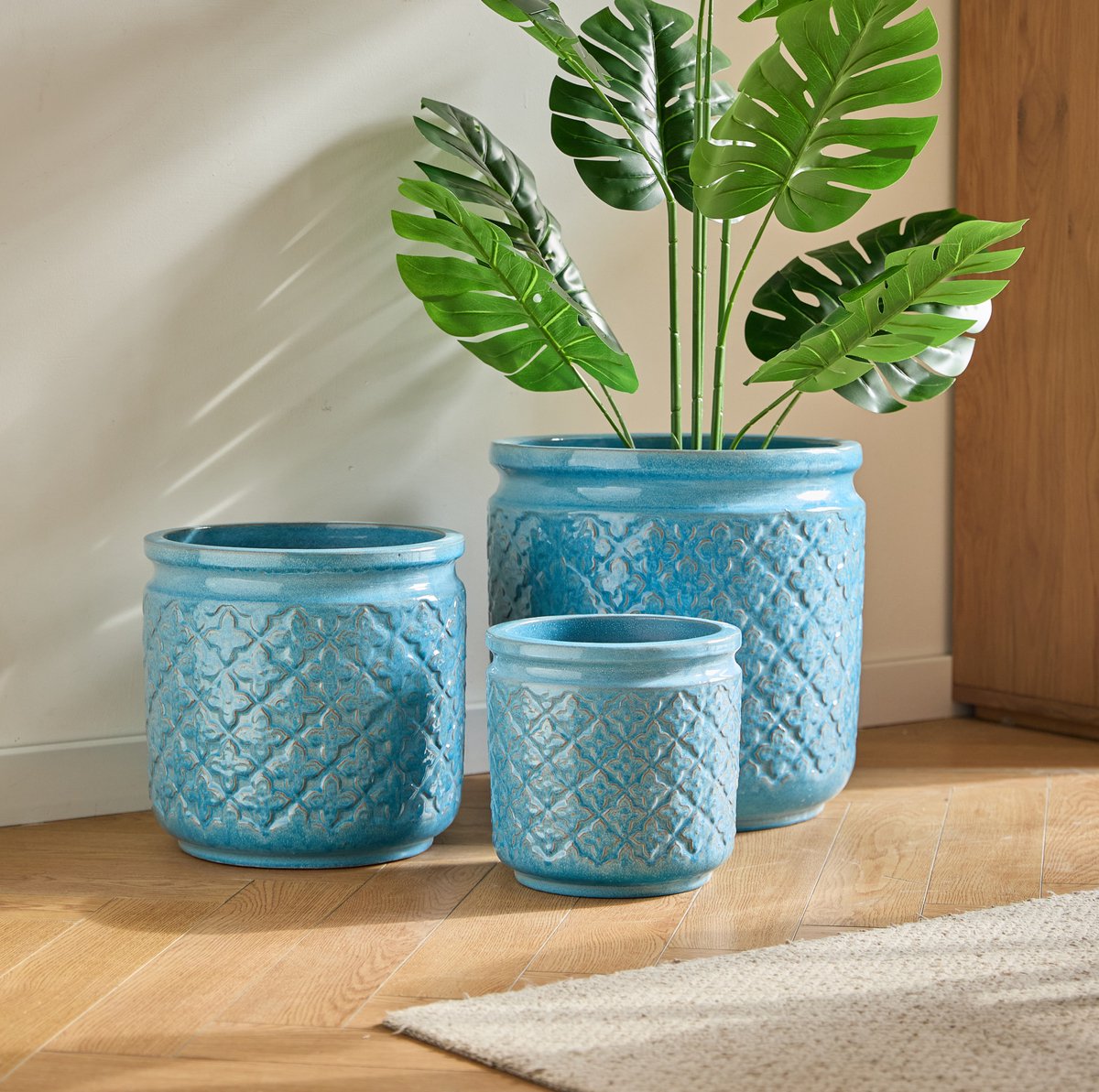FloraGrace Bloempotset – 3 Delig – Antiekblauw Met Geometrisch Patroon – Keramiek – Rond – Voor Binnen En Buiten – Met Drainagegat