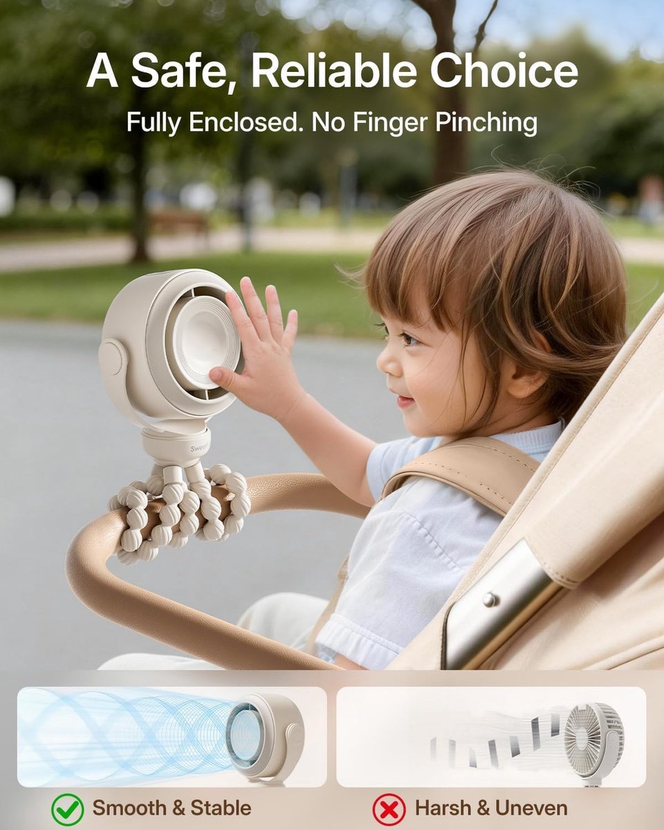 SnelShoppen - Draagbare Wandelen Ventilator voor Baby - Knijpbestendige Mini Clip-On Ventilator met 10 Uur Batterij, 5-Traps Stille Stand, USB-C Oplaa