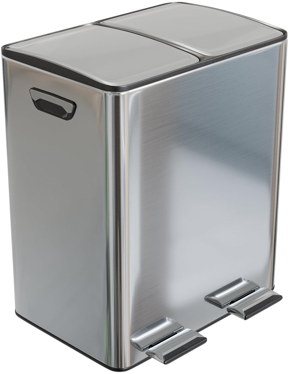 SnelShoppen - Dubbele afvalbak met pedalen 40L - 2 compartimenten x 20L - Roestvrij staal - Zilver - Ideaal voor keuken, tuin en kantoor