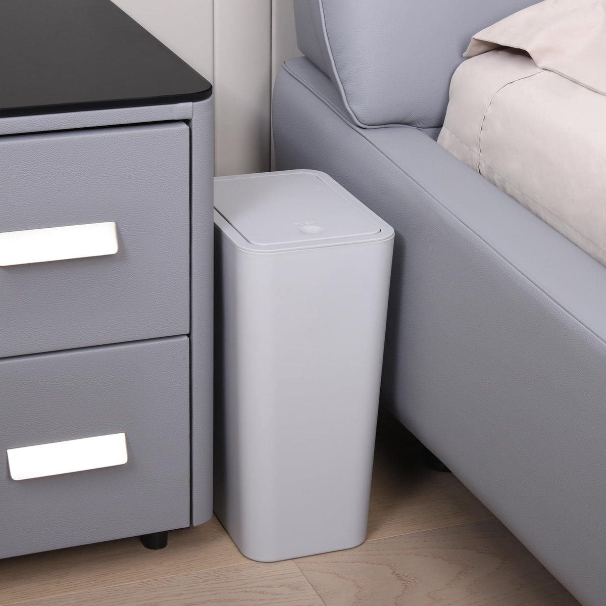 SnelShoppen - Badkamer prullenbak met deksel 10 liter, slanke vuilnisbak met pop-up deksel voor keuken, slaapkamer, kantoor, grijs, compacte afvalbak