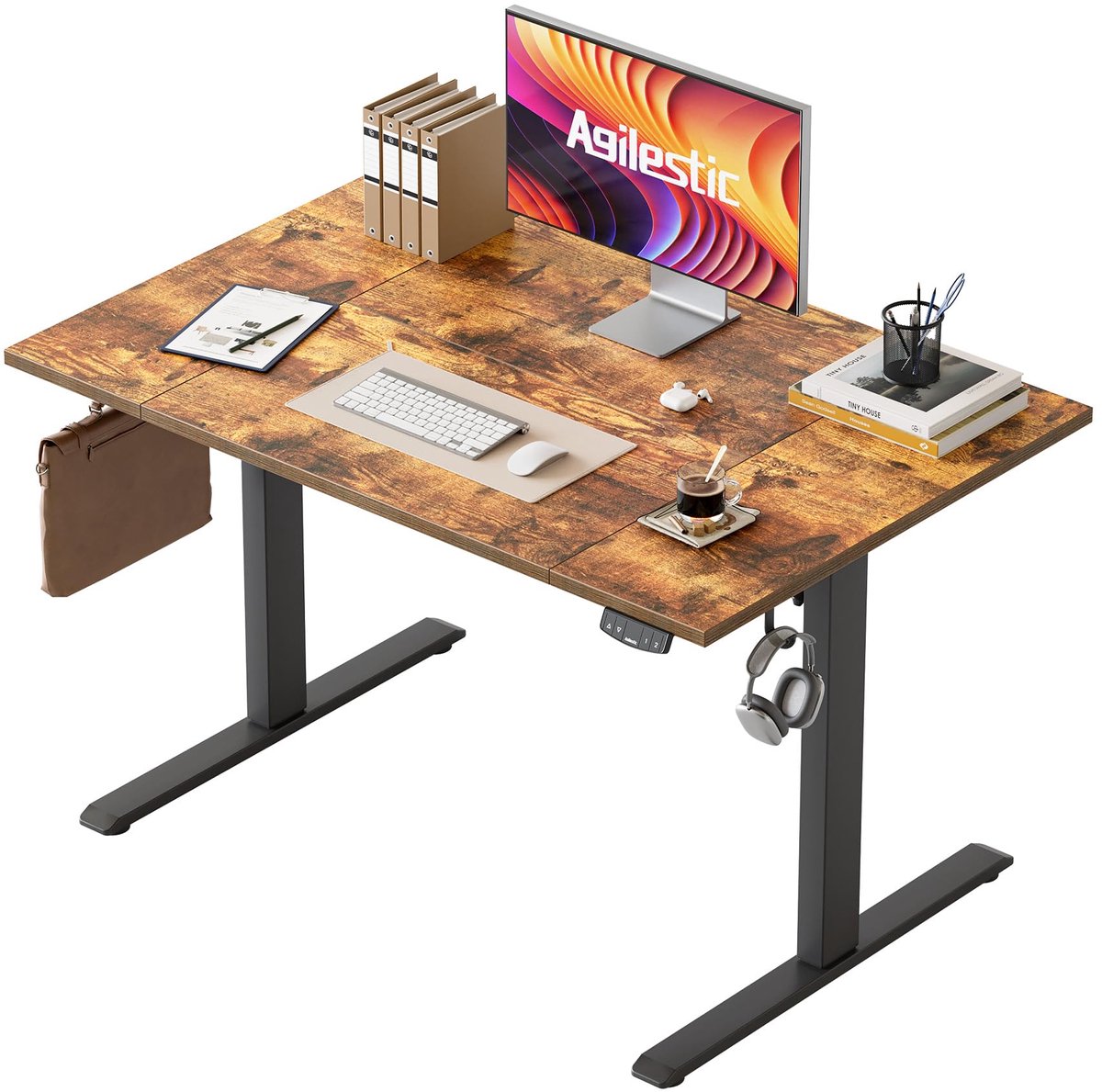 SnelShoppen - Elektrisch in Hoogte Verstelbaar Bureau 120x80 cm, Zit-Sta Stabureau met Geheugenfunctie, Bruin Gamingbureau met Vierdelig Tafelblad voo