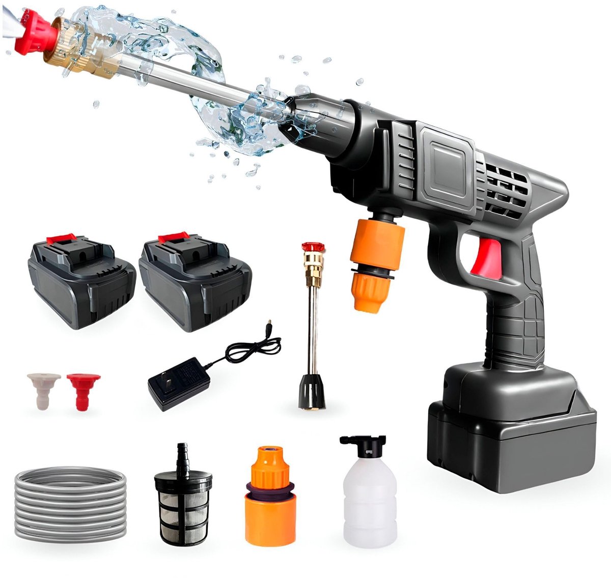 SnelShoppen - Draagbare Hogedrukreiniger Accu 48V - 35 Bar/500PSI Reinigingspistool - 1500mAh/300W met Toebehoren voor Auto, Tuin en Buiten - 2 Batter