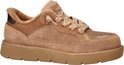 Zijaanzicht van bruine Skechers sneaker met suède, mesh, bontkraag en veters.