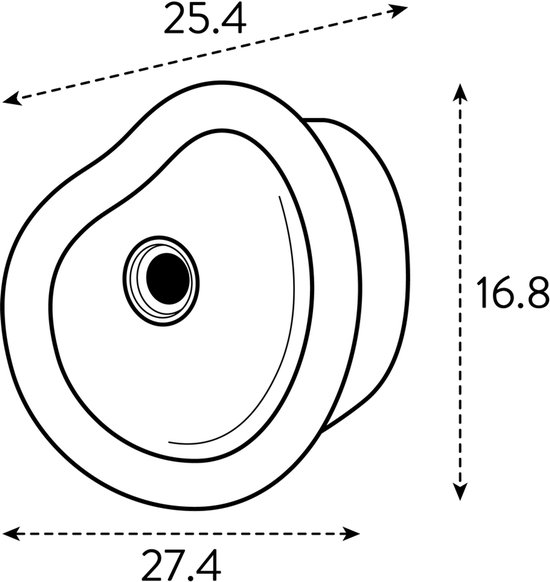 Schematische tekening van een bruin en crème vogelhuisje met afmetingen: 25.4 cm, 16.8 cm en 27.4 cm.