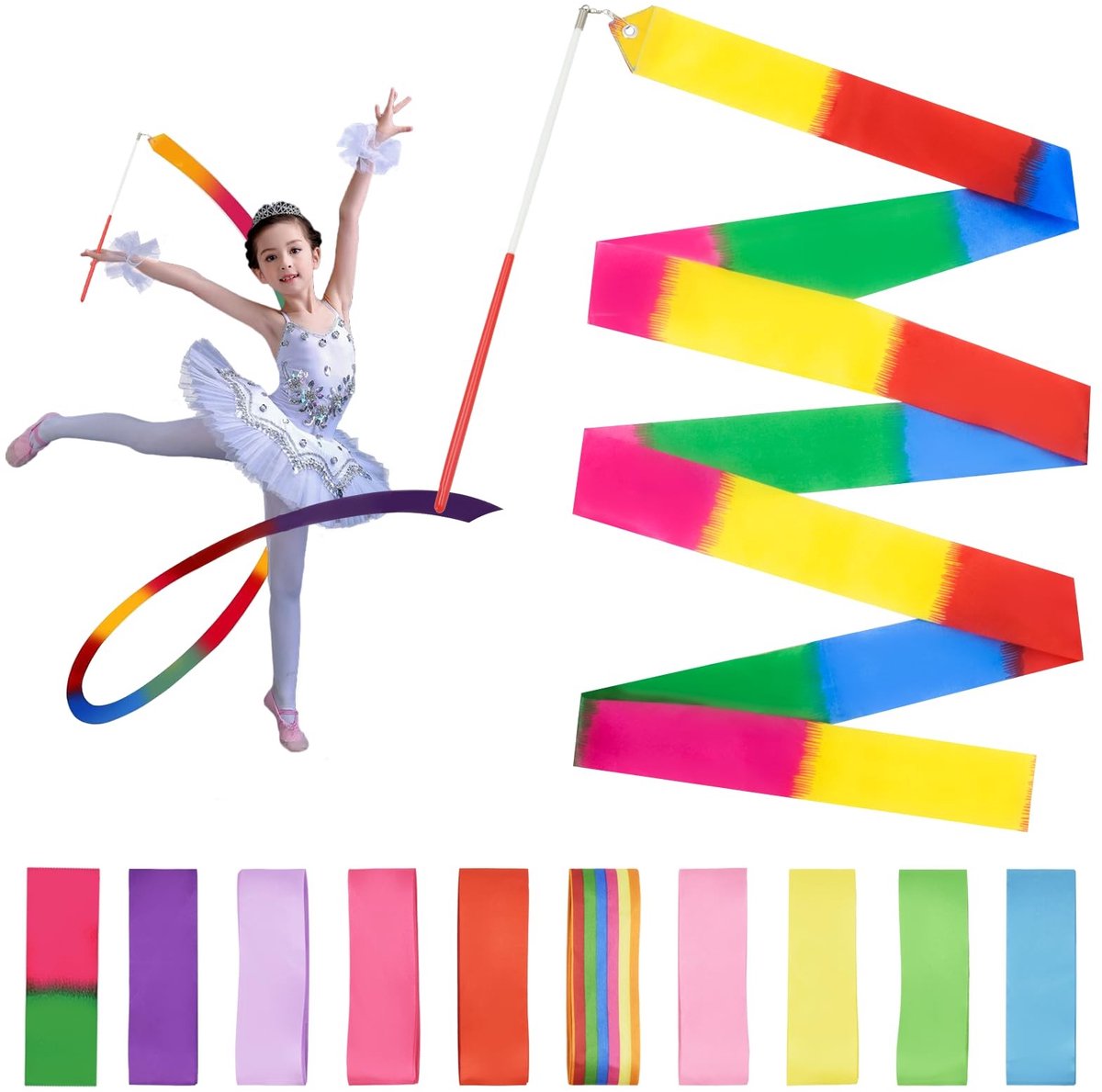 Dailygoods- Danslinten 10 Stuks - Kleurrijke Gymnastieklinten - Draaiende Stok - Ideaal voor Meisjes - Geschikt voor Kinderfeestjes - Perfect voor Ritmische Gymnastiek