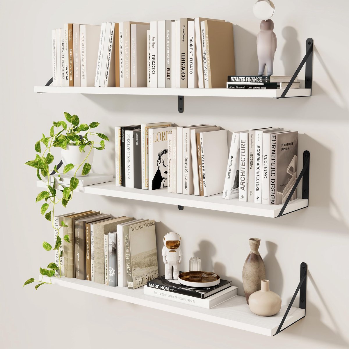 SnelShoppen - Feihorrm Wandplank Set van 3 - Zwevende Planken met Beugels - 90 cm Wit Spaanplaat voor Keuken, Badkamer, Slaapkamer en Woonkamer