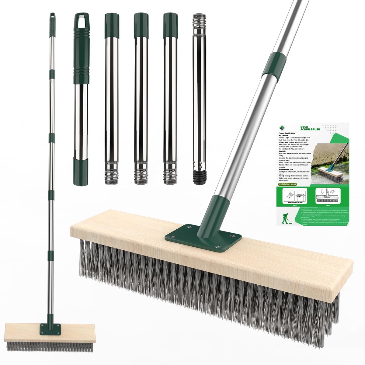 Dailygoods- Tuinborstel Zware Draadbezem - Roestvrij Staal - 152,4 cm Handvat - Ergonomisch Ontwerp - Afneembaar - Inclusief 4 Polen - Veegborstel