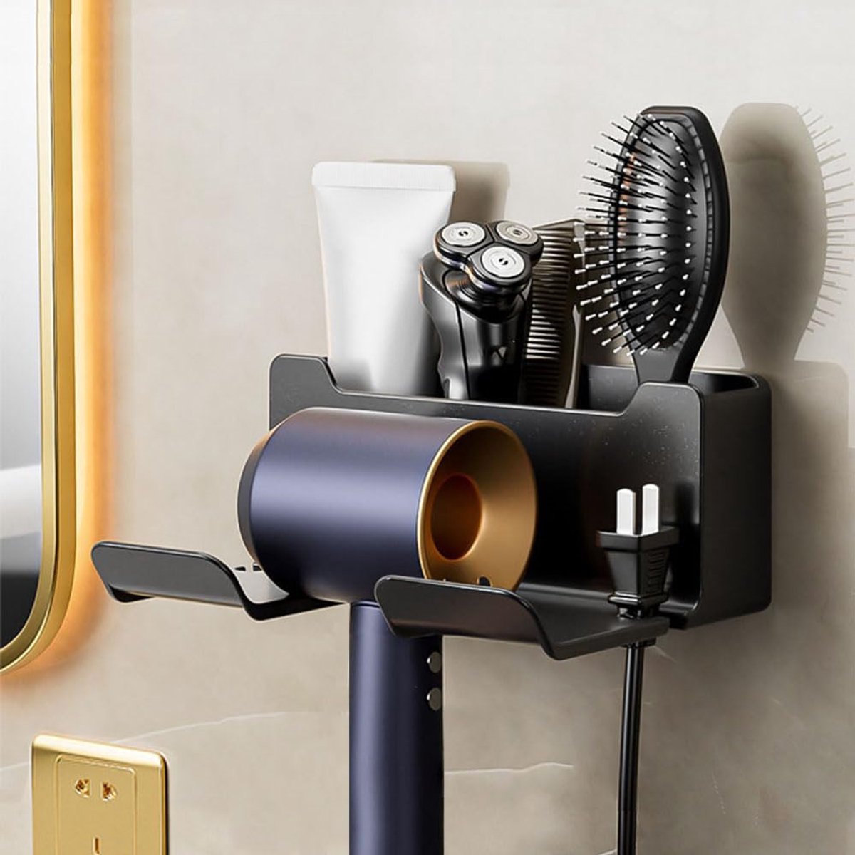 Dailygoods- Haardrogerhouder zonder boren - Föhnhouder - Badkamerorganizer - Opbergdoos - Kabelhouder - Stevig en stabiel