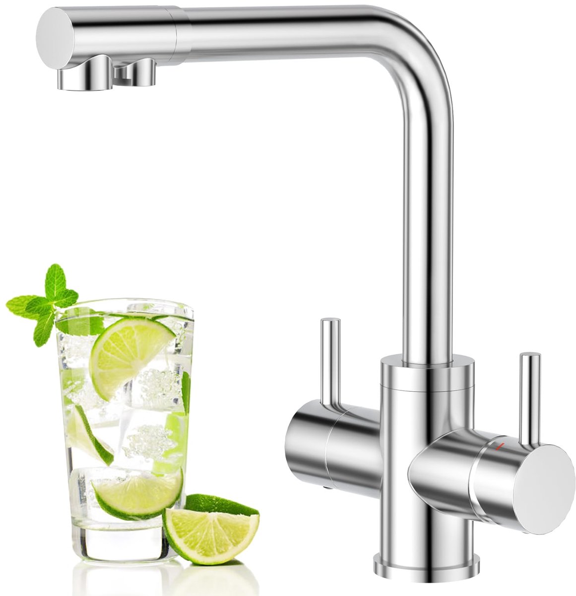 Dailygoods - 4 Weg Keukenkraan Dubbele Hendel met Drinkwaterkraan Verchroomd
