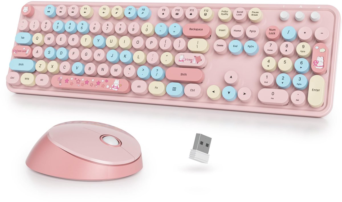 SnelShoppen - Draadloos Toetsenbord en Muis Set, Schattig Typemachine Design met Cijferpad, 2.4GHz Verbinding, Kleurrijk Volledig QWERTY voor Windows