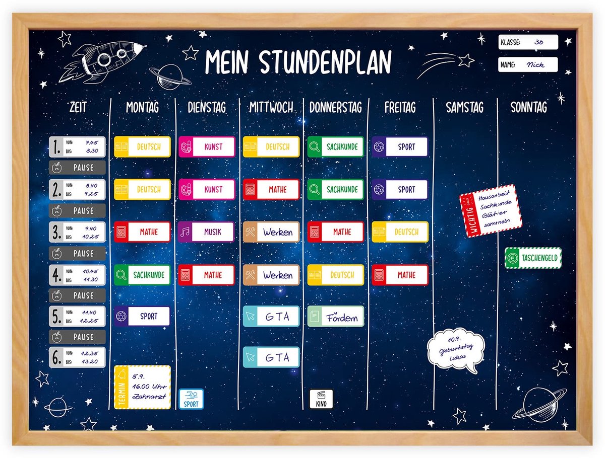 Dailygoods - Magnetisch Lesrooster Heelal met 90 Magneten en Pen - Afwisbare Weekplanner School