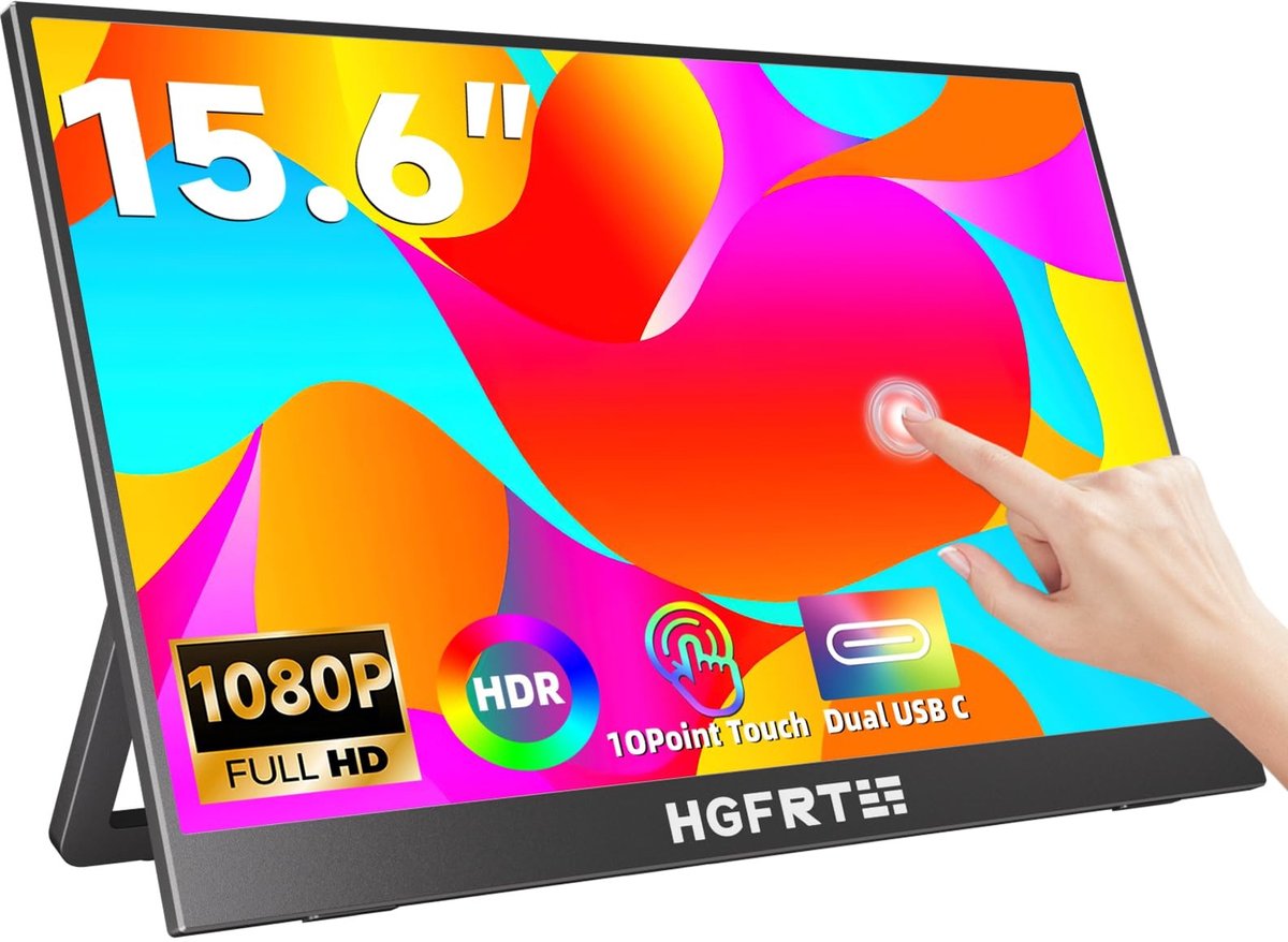Dailygoods- Draagbaar Touchscreen 15,6 Inch - 1920 x 1080 FHD - IPS - 178° Kijkhoek - USB-C/Mini-HDMI - VESA-Compatibel - Opvouwbare Houder - Draagbare Monitor