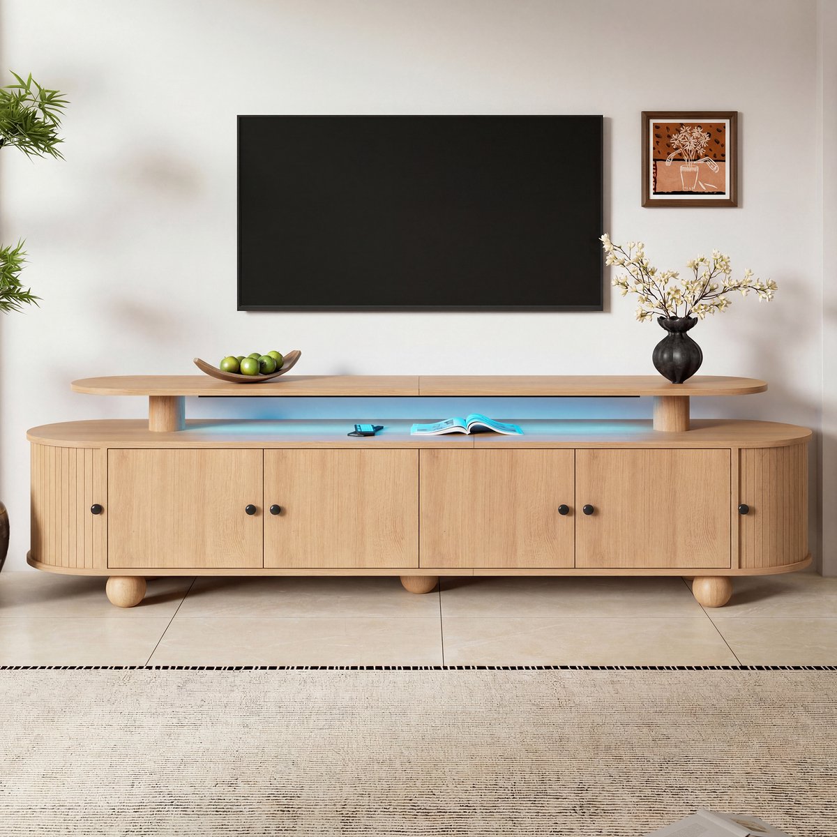 VVBV Retro TV-Meubel 180 cm - Naturel Ovaal Lowboard met LED, 4 Deuren, 2 Schuifdeuren, Massief Houten Bolpoten, Kabelbeheer