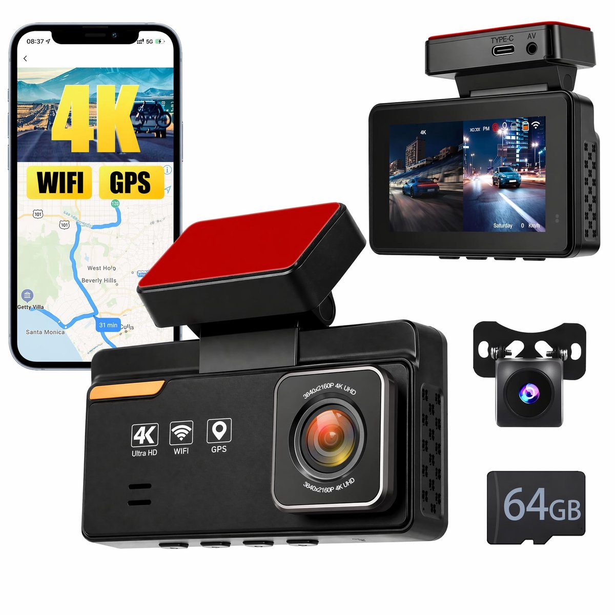 SnelShoppen - 4K Dashcam Voor en Achter Met Wifi, GPS, Dual Lens 4K + 1080P, 3 Inch IPS Mini Autocamera, Inclusief 64 GB SD-kaart, Parkeerbewaking, Na