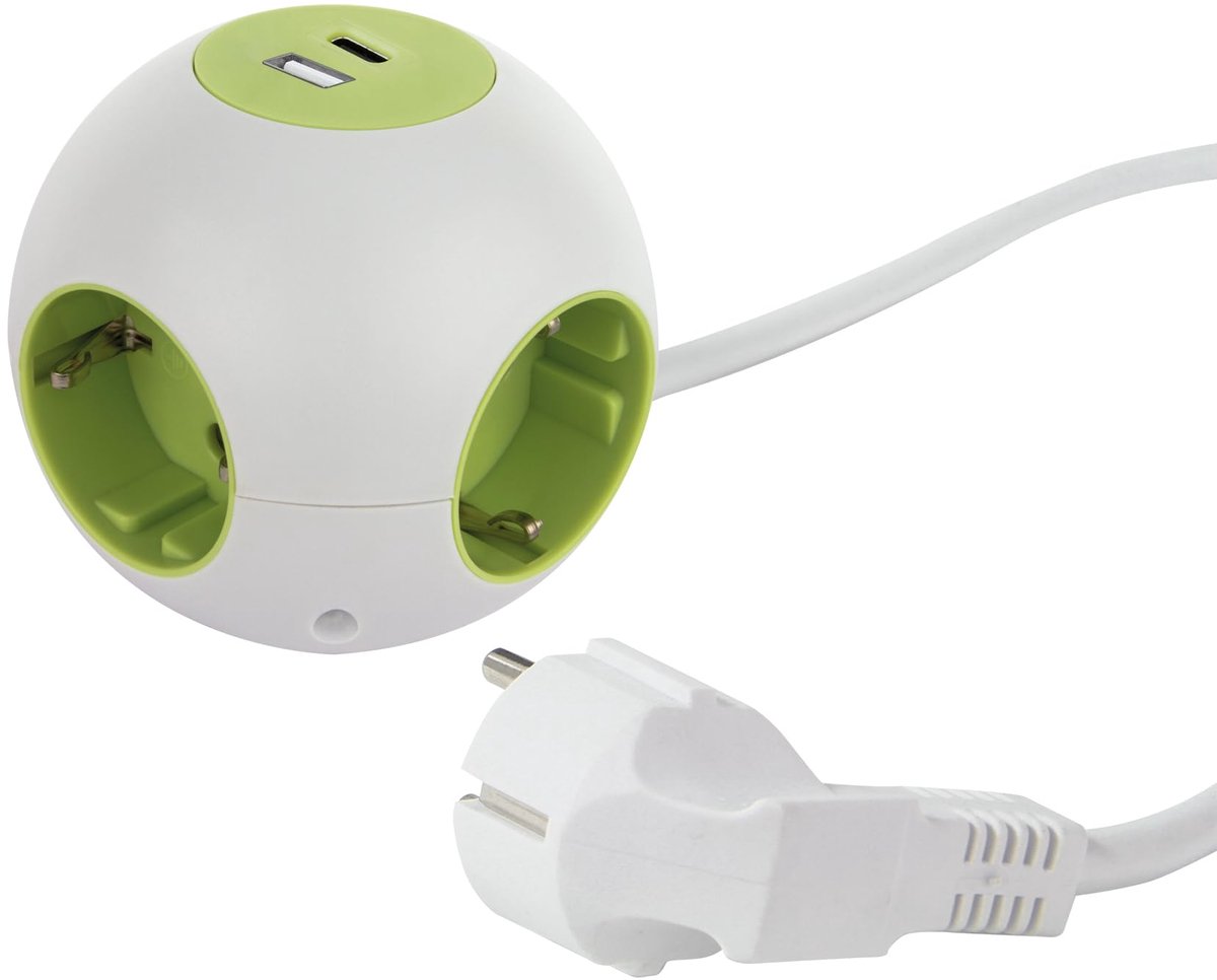 SnelShoppen - REV PowerGlobe Kubusstopcontact 4-voudig met 2x USB (Type A & C), 1,4 m Kabel, 3500 W, Groen – Stekkerdoos voor Thuis, Kantoor, Camping