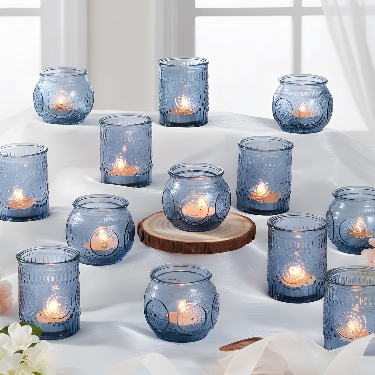 SnelShoppen - 24 Stuks Blauwe Vintage-Kandelaars - Glazen Theelichthouders voor Feestdecoratie, Bruiloft, en Huishouden, Perfect voor Kaarslicht - The