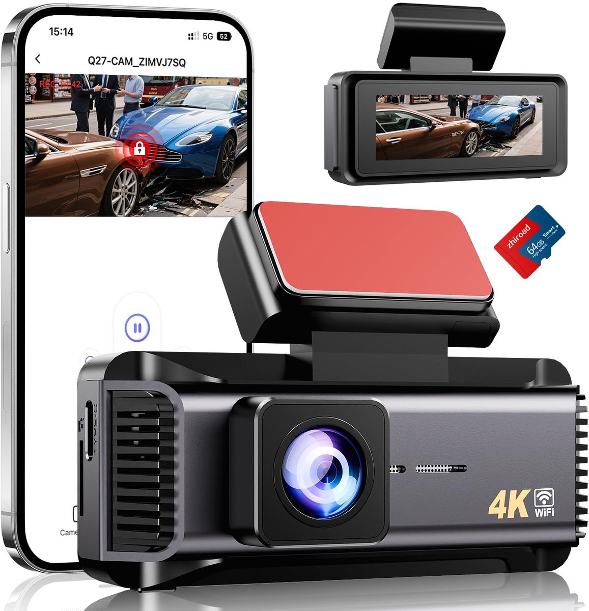 SnelShoppen - 4K WiFi Dashcam Auto met 64GB SD-Kaart, 170° Groothoek, Super Nachtzicht, 24U Parkeren Bewaking, G-Sensor, Loopopname en APP-Besturing