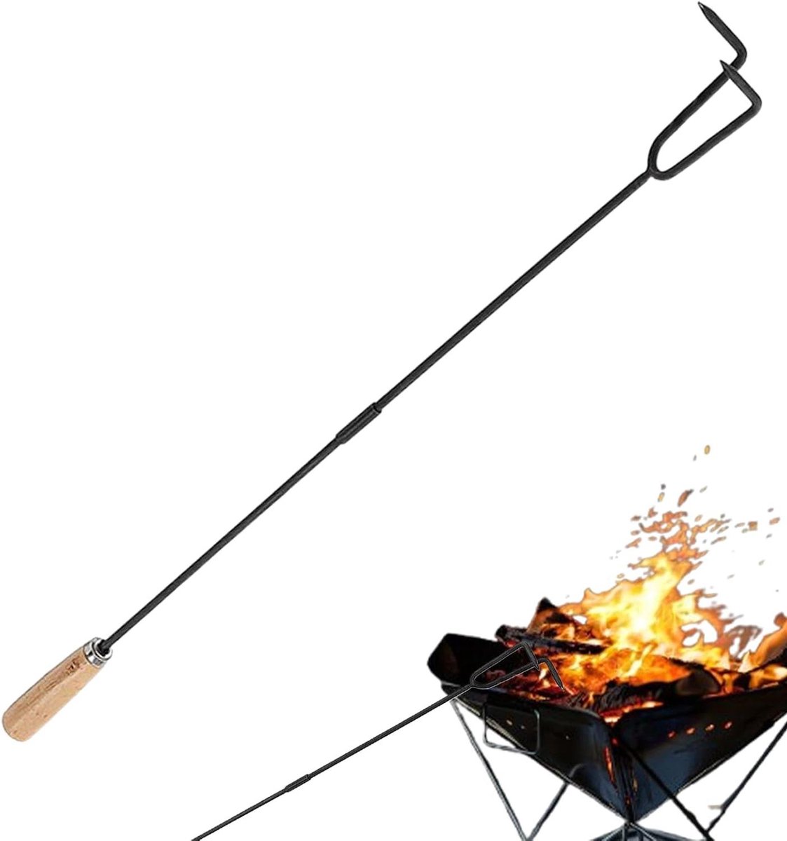 Vuurpookhaak - Haard Pook - Kampvuur Beveiligen - Houten Handvat - 84 cm - Zwart