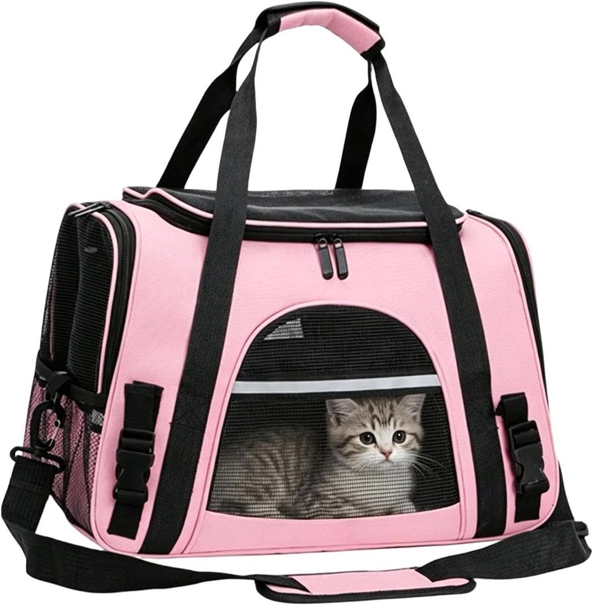Opvouwbare Transportbox - Reistas Huisdier - Dieren Vervoeren - Ademend Net - 46L x 20W cm - Roze