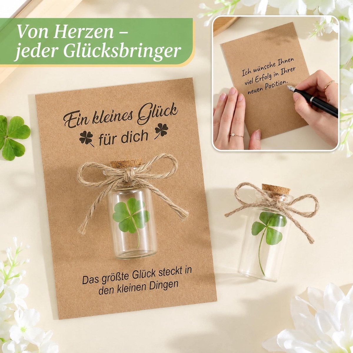 SnelShoppen - 12 Stuks Gelukshangers Klavertje Vier in Glazen Flesje - Wenskaarten en Henneptouw voor Bedankjes, Bruiloft, Verjaardag, Doop, Examen, A