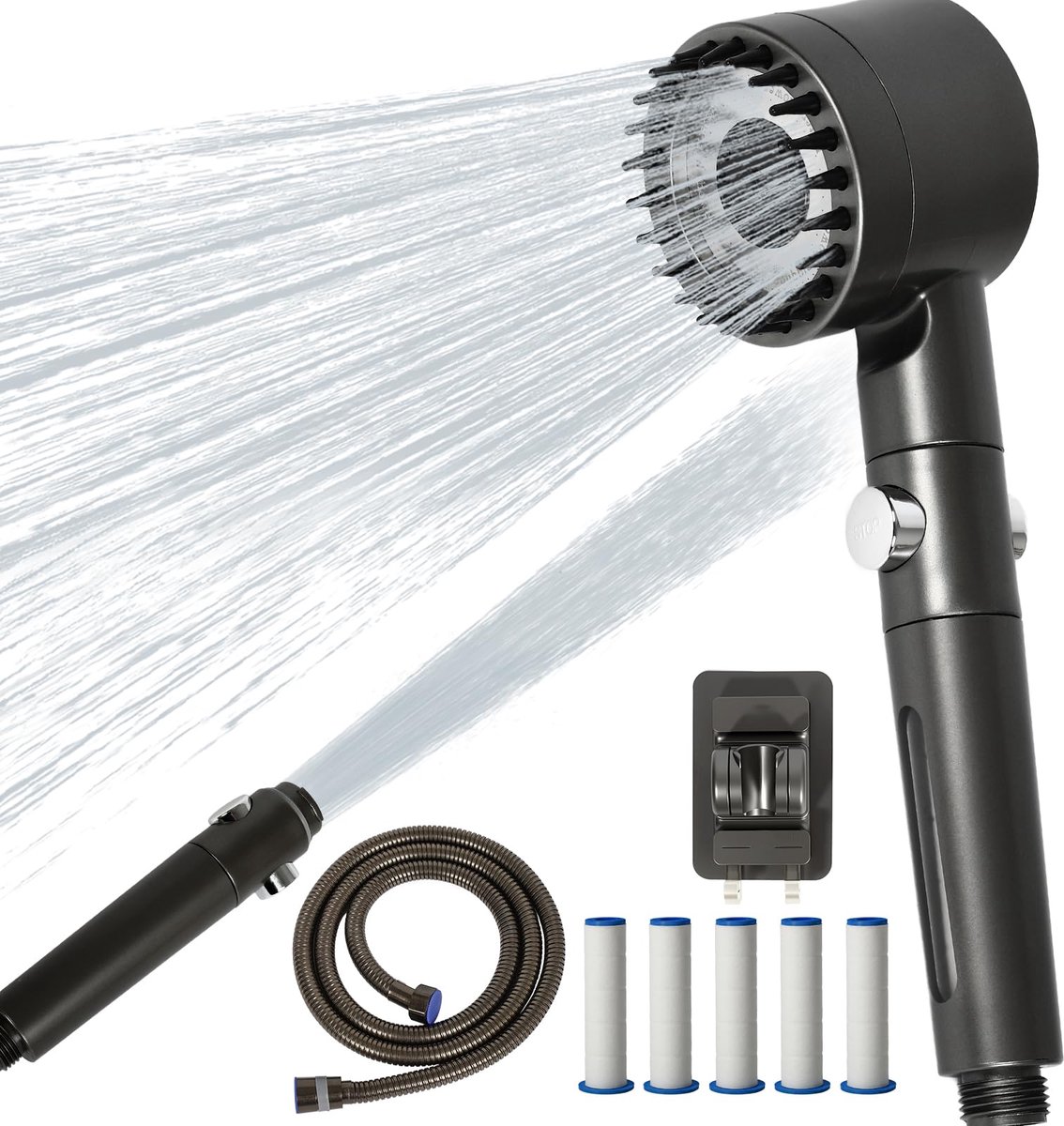 SnelShoppen - Torven Douchekop met Filter & 5 Vervangfilters | Hoge Druk Douche met 1,5m Slang | Antikalk Douchekop | Waterbesparing met Pauzeknop | G