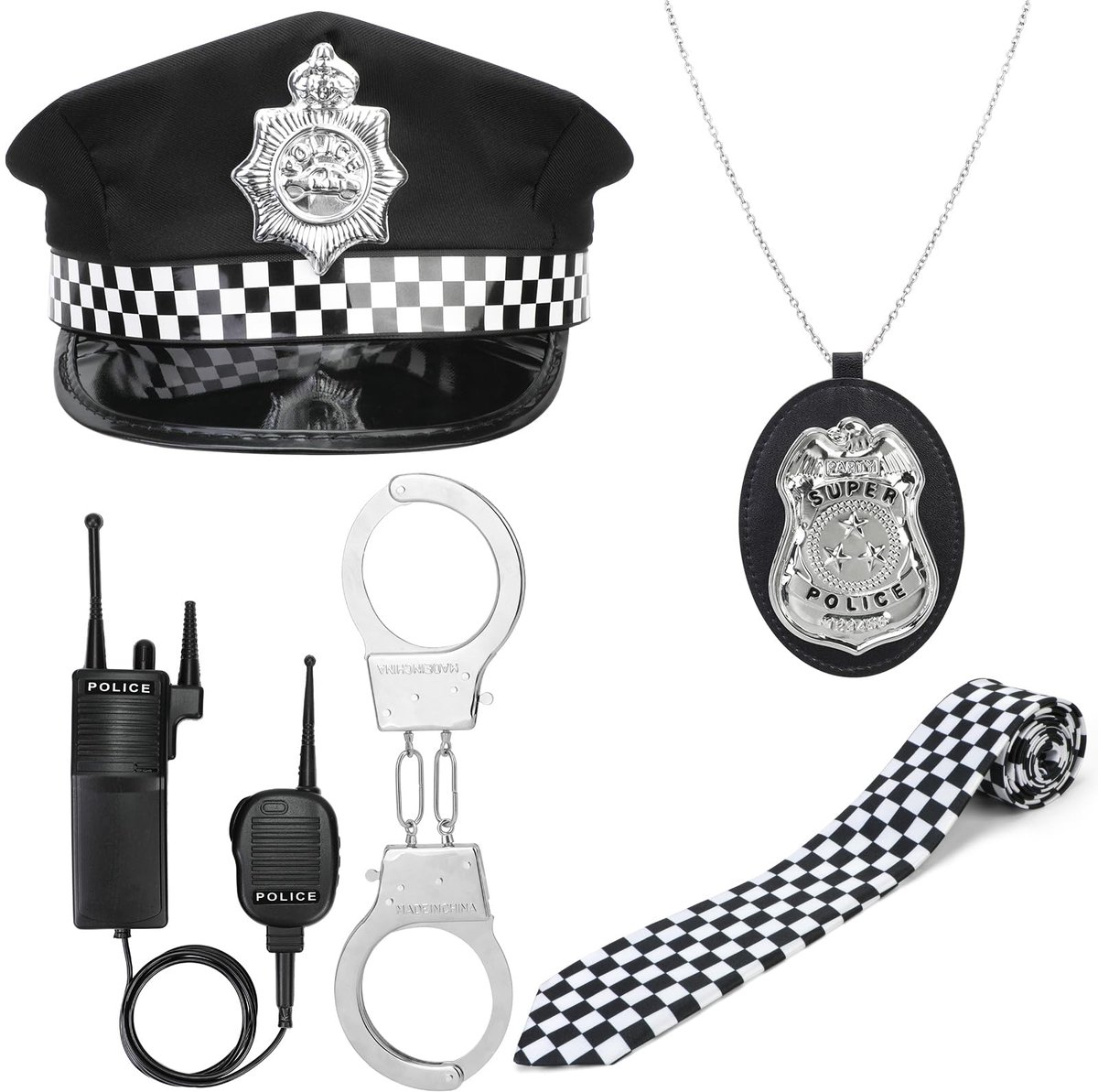 SnelShoppen - Politiekostuum Politie Set 5 Stuks met Muts, Handboeien, Walkietalkies & Accessoires voor Heren en Vrouwen - Perfect voor Rollenspel en