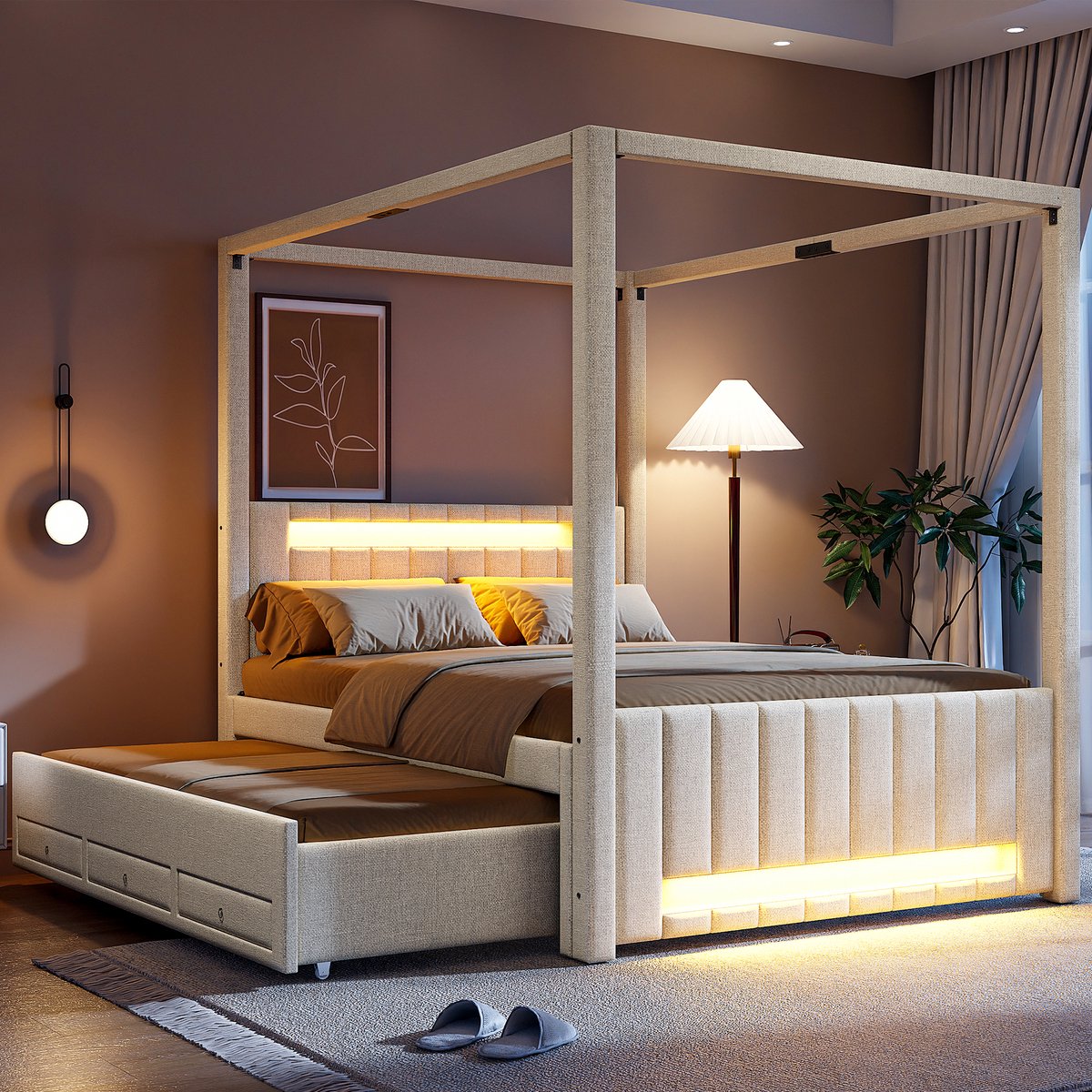 Opbergbed 140x200 cm - Gestoffeerd Hemelbed Met 3 Lades LED Verlichting Beige