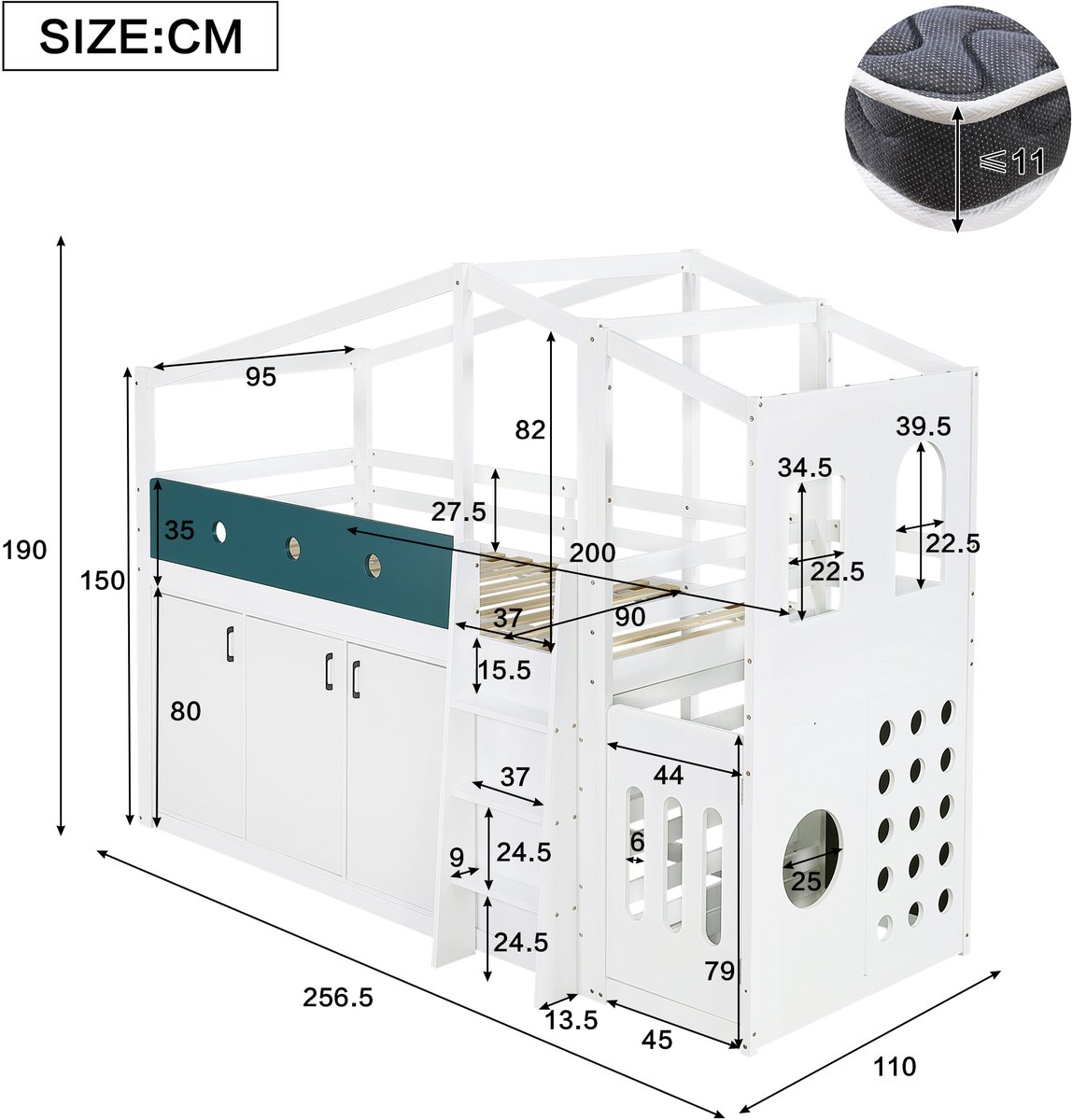 STILVORA Halfhoogslaper 90x200 cm – Kinderbed in Huisvorm met Speelruimte – Opbergkast en Ladder – Voor Kinderkamer – Hout – Wit – Zonder Matras