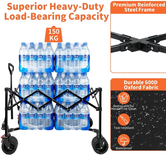 Opvouwbare Bolderwagen - Transportwagen Kar - Boodschappen Tuinieren - All-Terrain Wielen - 180L Capaciteit - Zwart — afbeelding 2