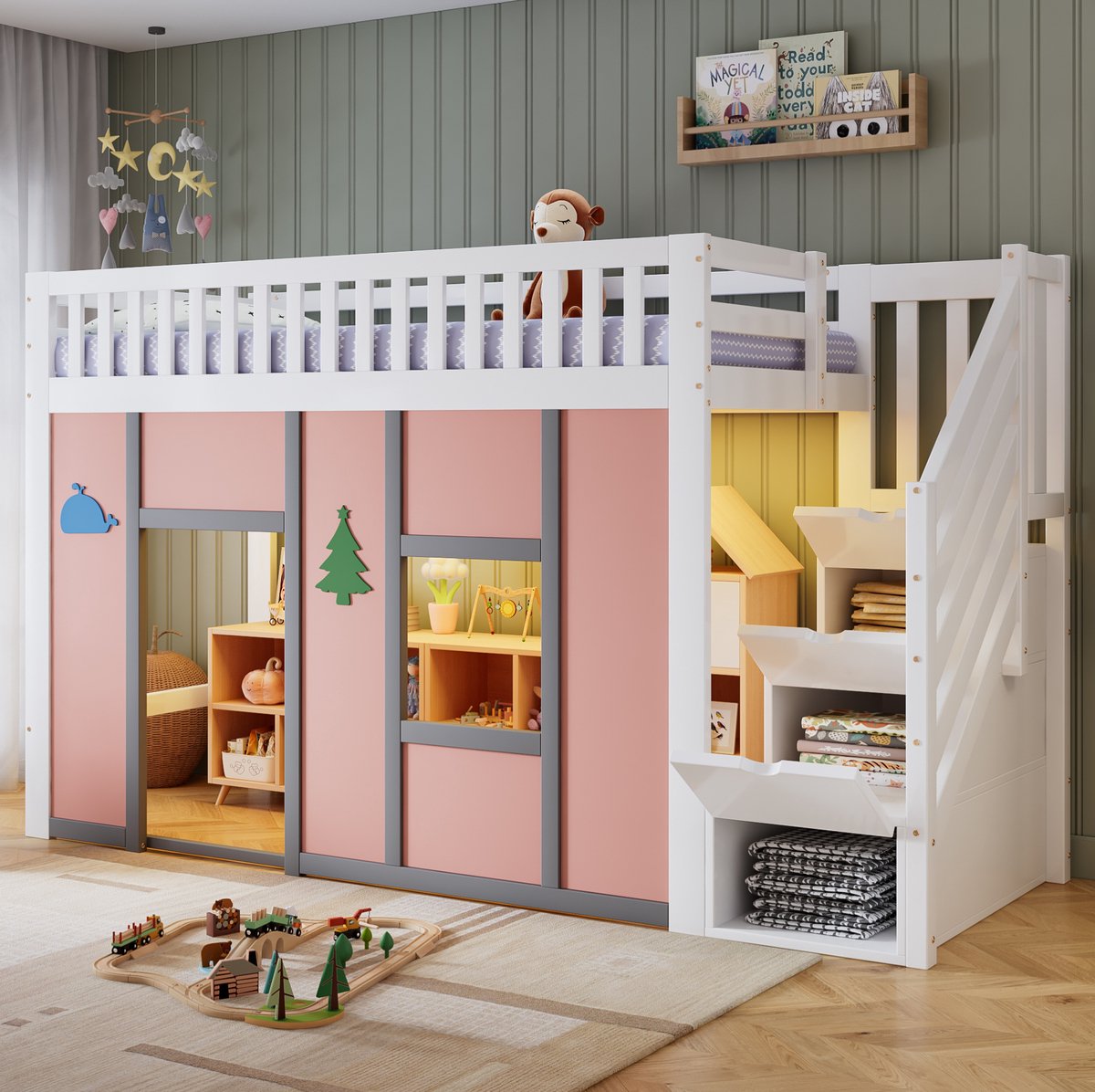 MODFU Bedframe - Halfhoogslaper - Wit Roze - Kinderkamer - Hout MDF - 90x200 Cm