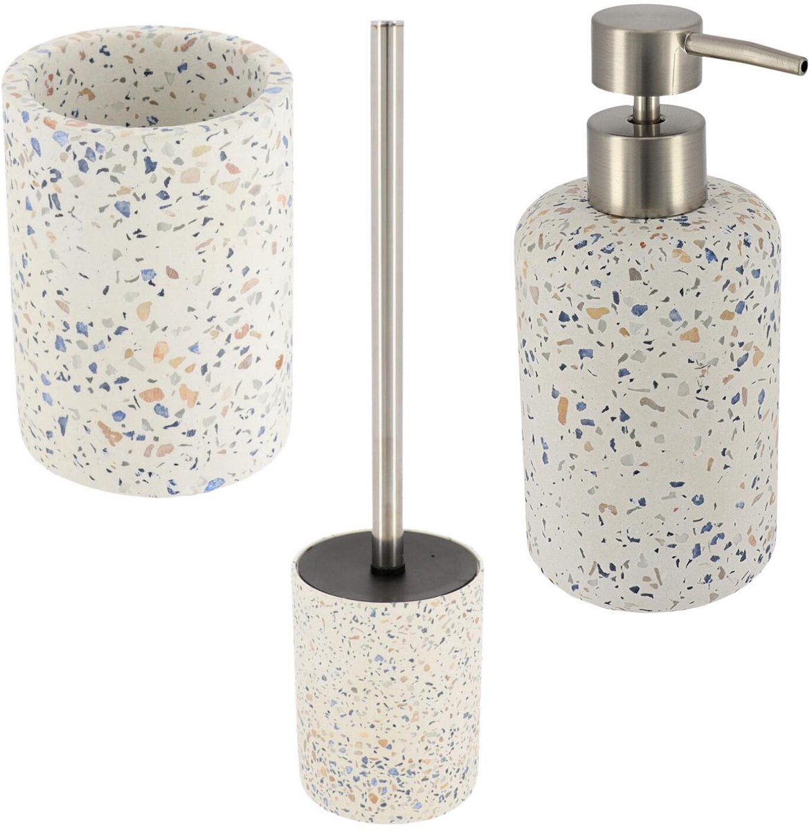 Tendance Terrazzo badkameraccessoires set - cement - wc borstel/tandenborstelhouder/zeeppomp