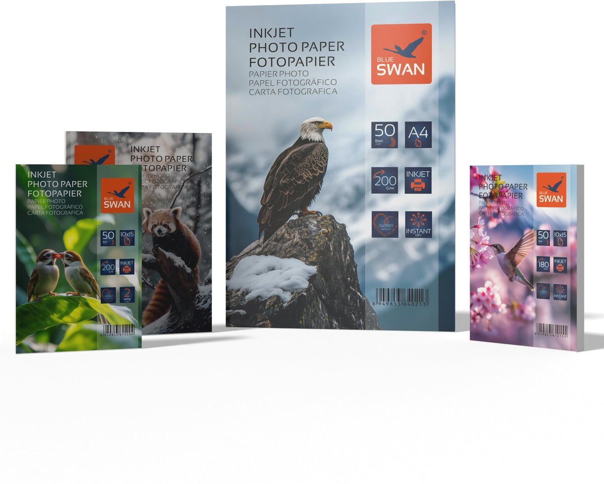SnelShoppen - BLUE SWAN Fotopapier Value Combo Pack - 200 vellen glanzend wit - A4, 13x18, 10x15 (180g & 200g) - Waterafstotend, sneldrogend & krasbes