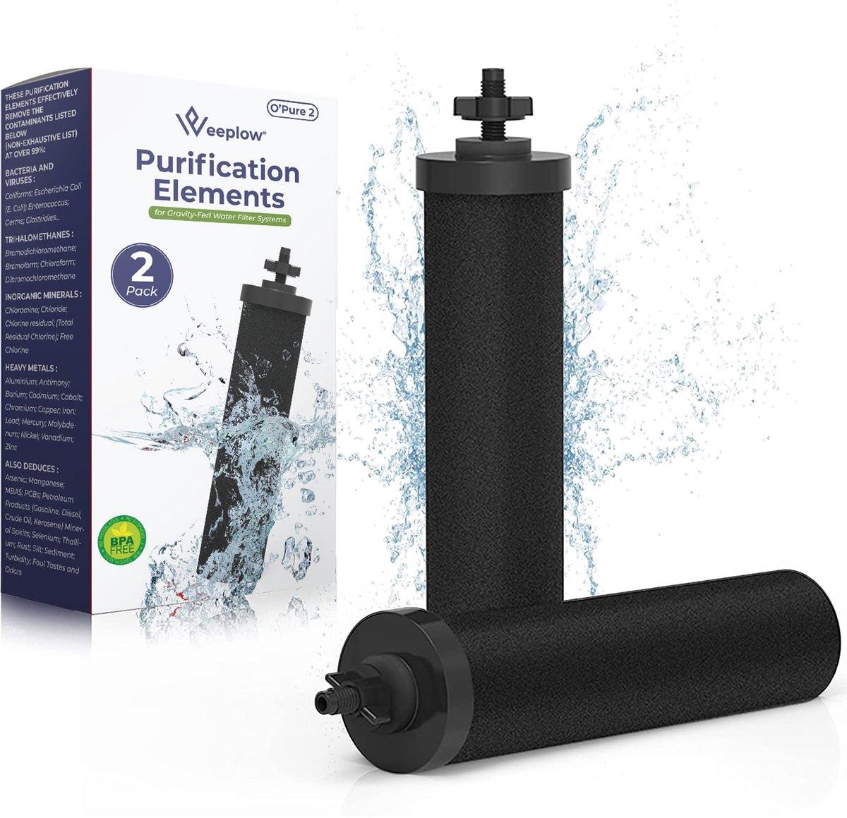 SnelShoppen - O'Pure Zwaartekracht Waterfilters - 2 Filters voor Berkey, Doulton, Berkefeld - Vermindert Verontreinigingen tot 99,99% - Ideaal voor Th