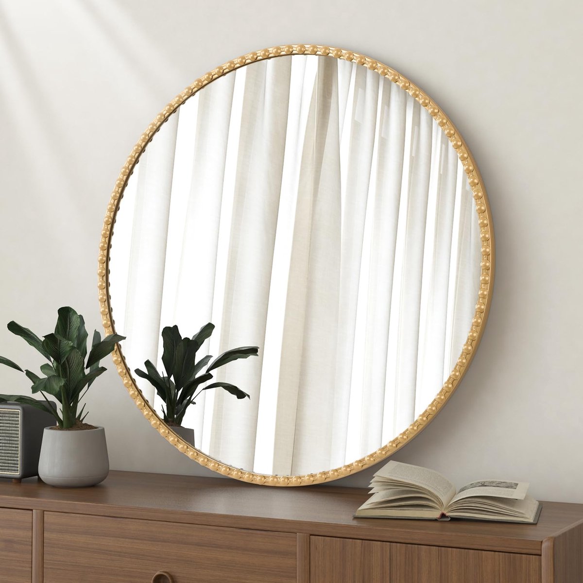 SnelShoppen - Ronde Spiegel 70x70cm - Moderne Cirkel Metalen Omlijsting met Kralen - Gouden Decoratieve Spiegel voor Badkamer, Woonkamer en Thuis Entr
